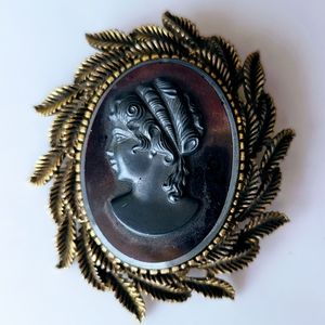 Antique Black Agate Victorian Cameo Brooch 1920s